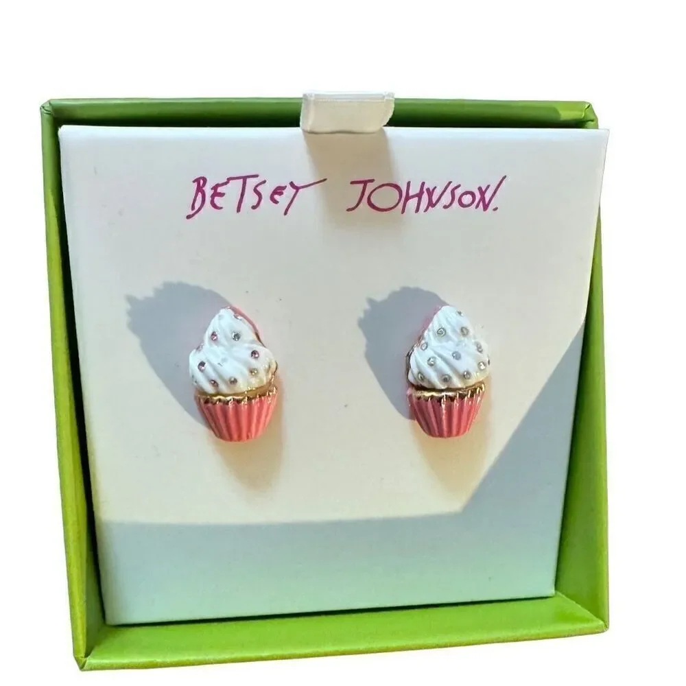 New in Box BETSEY JOHNSON Cupcakes Stud Earrings Pink White Rhinestones Dessert